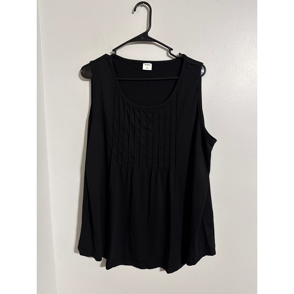 Besshopie Black Sleeveless Pintuck Pleated Scoop Neck Tank Top 2XL